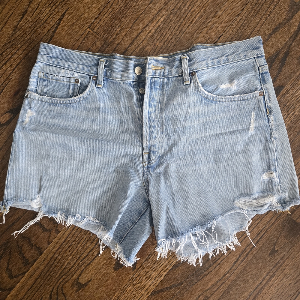 Agolde Light Blue Frayed Jean Shorts